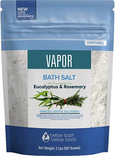 Vapor Bath Salt 32 Ounces Epsom Salt with Natural Rosemary, Lavender and Eucalyptus Essential Oils Plus Vitamin C in BPA Free Pouch with Easy Press-Lock Seal