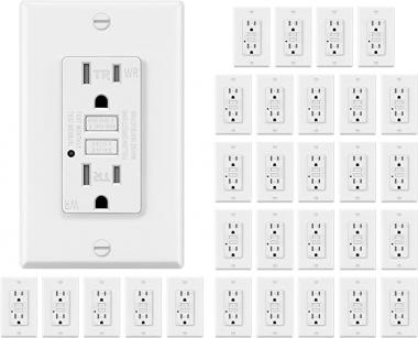 30 Pack - ELECTECK Weather Resistant GFCI Outlet, Outdoor Ground Fault Circuit Interrupter with LED Indicator, 15-Amp Tamper Resistant Receptacle, Decorator Wall Plate Included, ETL Certified, White