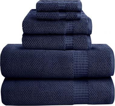 Bella 6 PC Towel Set | 100% Combed Cotton, Navy Popcorn Weave Design | Ultra Soft & Highly Absorbent | 2 Bath Towels, 2 Hand Towels, 2 Wash Cloths | 550 GSM - 6 Pack