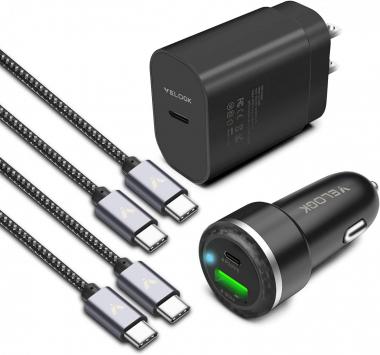 Super Fast Charger Type C Kit, VELOGK 25W PD PPS USB C Wall/Car Charger for Samsung Galaxy S22/S21/S20/Plus/Ultra/FE/Note 20/10/A71,2020/2018 iPad Pro/Air,with 2X Nylon-Braided USB C-to-C Cable(6.6ft)