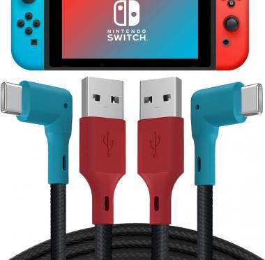 TALK WORKS USB-C 2-Pack Charger Cables - Right Angle, 10 ft. - Fast Charging Cable Compatible with Nintendo Switch, Switch Lite, and OLED - Angled Long Cable for Comfortable Mobile Gaming - Blue/Red