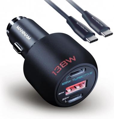 138W USB C Car Charger Adapter - MANINAM High Adaptive Power with Multi USB to Cover All - 105W Type C PD PPS - Super Fast Car Charger [TURBOTIVE Tech] with 100W USB C Cable