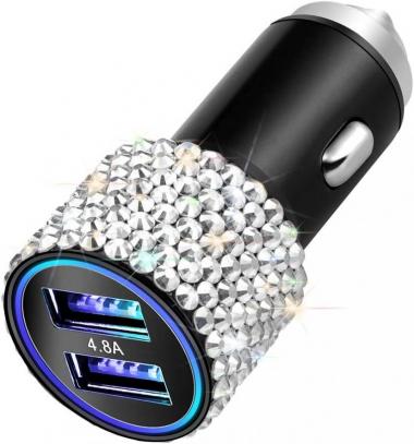 Otostar Dual USB Car Charger, 4.8A Output, Bling Crystal Diamond Car Decorations Accessories Fast Charging Adapter for iPhones Android iOS, Samsung Galaxy, LG, Nexus, HTC (Silver)