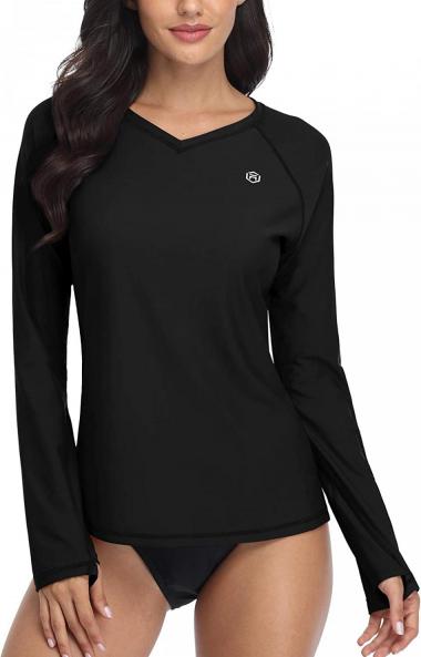 ATTRACO Women Rash Guard Swim Shirt Long Sleeve Sun Protection Thumb Hole UPF 50 V Neck