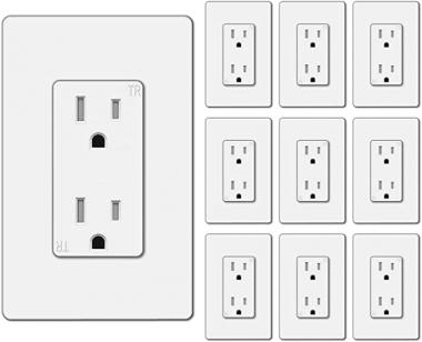 [10 Pack] BESTTEN 15 Amp Decorator Receptacle Outlet with Tamper Resistant, Screwless Wallplate Included, 110V/15A, for Commercial and Residential Use, UL Listed, White