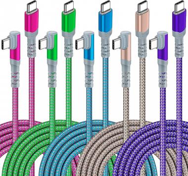 60W USB C to USB C Cable【5Pack 10ft】, Canjoy Type C Cable 90° Right Angle PD Charger Fast Charging Cable Nylon Braided Cord Compatible with Samsung Galaxy S22/S21/S20, MacBook Pro, iPad Air/Pro