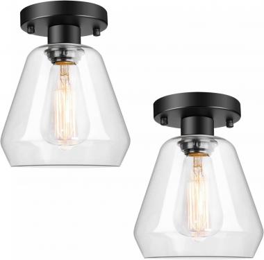 2-Pack Industrial Semi Flush Mount Ceiling Light, Black Ceiling Light Fixtures with Clear Glass Pendant Lamp Shade for Hallway Bedroom Porch Kitchen Corridor, Farmhouse Light Fixtures Ceiling Mount