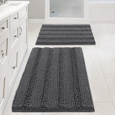 2 Piece Bathroom Set Bathroom Rugs Bath Mat Set Bath Rugs Bath Mats for Bathroom Non Slip Thick Soft Chenille Striped Bath Rug Set, Door Mats for Kitchen/Living Room (Grey, 20" x 32"/17" x 24")