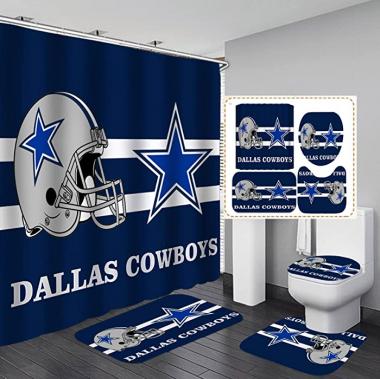 Namdeva 4PCS Sports Shower Curtain Set, American Football Grey Helmet Texas Star Navy Blue White Striped Quotes Modern Touchdown Man Cave Bathroom Decor, Non-Slip Bath Mat, Gifts for Men Teenage Boys