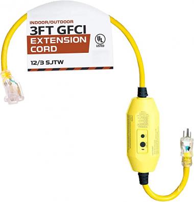 IRON FORGE CABLE 3 Foot Lighted Outdoor GFCI Extension Cord - 12/3 SJTW Heavy Duty Yellow Pigtail Extension Cable with 3 Prong Grounded Plug for Safety, 15 AMP