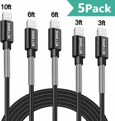 SHARLLEN Lightning Cable Spring iPhone Charger Cable 5 Pack [3/6/10FT] USB Fast Charging & Data Sync Cord Long Charging Cable Compatible iPhone Xs/MAX/XR/X/8/8P/7/7P/6/iPad/iPod(Black)