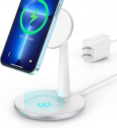 Magnetic Wireless Charger Stand, XooFly 2 in 1 Mag Safe Wireless Charging Station Compatible with iPhone 14 Pro Max/14 Pro/14 Plus/iPhone 13 Pro Max Mini/12 Pro Max Mini, AirPods Pro with 18w Charger