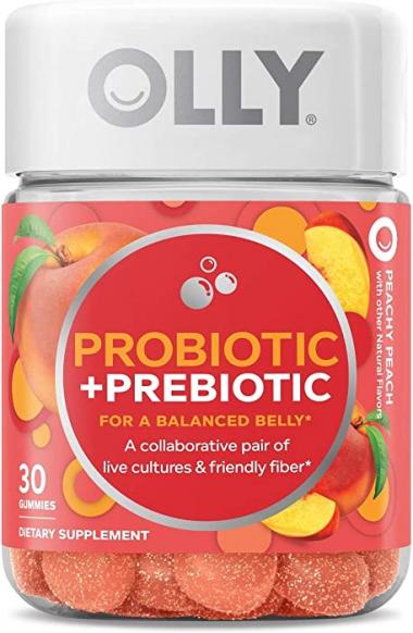 OLLY Probiotic + Prebiotic Gummy, Digestive Support and Gut Health, 500 Million CFUs, Fiber, Adult Chewable Supplement for Men and Women, Peach, 30 Day Supply - 30 Count