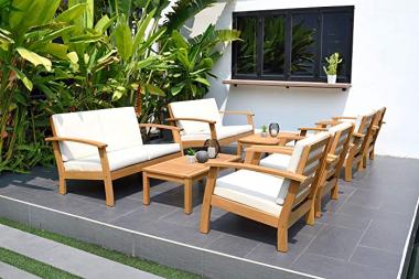 Amazonia Prescott Patio 8-Piece Deluxe Conversation Set | Light Teak Finish | Ideal for Indoors Outdoors, White