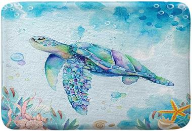 Sea Turtle Bathroom Rug, Nautical Turtle Non Slip Bath Mat with Underwater Seashell Bathroom Accessories Shower Mat Marine Animals Blue Ocean Kitchen Rug Non Slip Mat Soft for Toilet Tub RV (17"X29'')