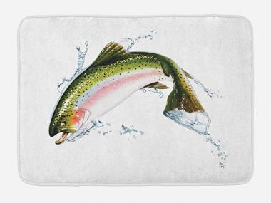 Ambesonne Fish Bath Mat, Salmon Jumping Out of Water Making Splashes Cartoon Design Photorealistic Airbrush, Plush Bathroom Decor Mat with Non Slip Backing, 29.5" X 17.5", White Seafoam