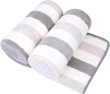 JML Microfiber Bath Towels, Bath Towel 2 Pack(30" x 60"), Oversized, Soft, Super Absorbent and Fast Drying, Multipurpose Use for Sports, Fitness, Yoga, Cabana Stripe Grey