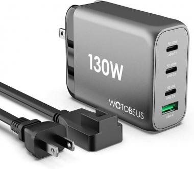 130W USB C GaN Wall Charger WOTOBEUS PD 100W PPS45W Super Fast Charging Station Type-C Laptop QC4+ Power Adapter AC Cable Multiple Ports for iPhone 14 13 12 iPad MacBook Samsung Pixel Leveno HP Dell