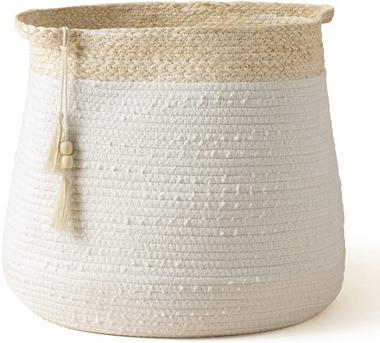 Rope Basket Woven Storage Basket - Laundry Basket Large 17.3x 15 x 14.1 Inches Cotton Blanket Organizer, Baby Nursery Containers White Home Decor Gift