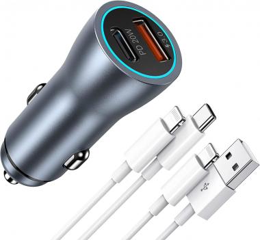 【2022 New】 Car Charger for iPhone 13 12 11 Fast Charge [MFi Certified] 38W PD & QC 3.0 Dual Port USB C Car Charger Fast Charging Power Delivery Adapter with 2 Pcs 6.6FT Cable for iPhone iPad Airpods