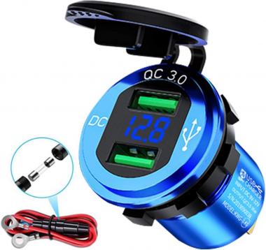 USB Charger Socket Quick Charge 3.0 Waterproof Dual USB Car Power Outlet 12V/24V Fast Charge with LED Voltmeter for Car, Marine, Boat, Motorcycle, Truck, RV and More-Blue