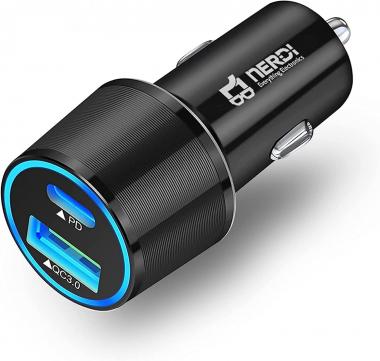 NERDI 48W Fast USB C Car Charger Adapter with Power Delivery and Quick Charge 3.0 Compatible with Apple iPhone 14/13/12/11 Mini/XR/X/XS/Pro/ProMax, iPad Air/Pro/Samsung S21/10/10E/9/7, Note8, LG, GPS