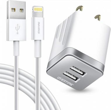 iPhone Charger Set, Overtime Apple MFi Certified Lightning Cable with Dual USB Wall Adapter 2.4 AMP Compatible w/iPhone 11 Pro Max XS XR X 8 7 6S 6 Plus SE AirPods iPad (Silver/White, 6ft)