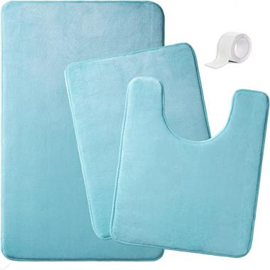 MEGAWOO Memory Foam Bathroom Rugs and Mats Sets,Bathroom Accessories Set,3 Piece Bathroom Rugs,Super Soft,Water Absorbent and Non Slip Bath Mats,Large/Small/Contour,Clear Grip Tape (Light Blue)