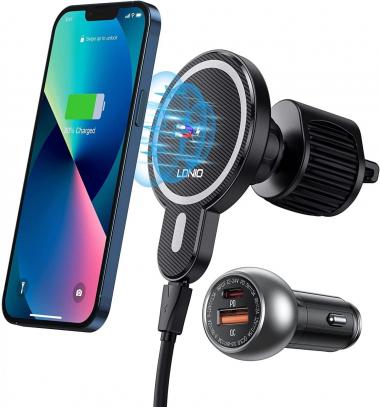 Compatible for MagSafe Car Charger, LDNIO Strong Magnet Magnetic Wireless Car Charger, Hands Free Car Phone Holder [with PD3.0 Adapter] Fit for iPhone 14 13 12 Series and Mag-Safe Case