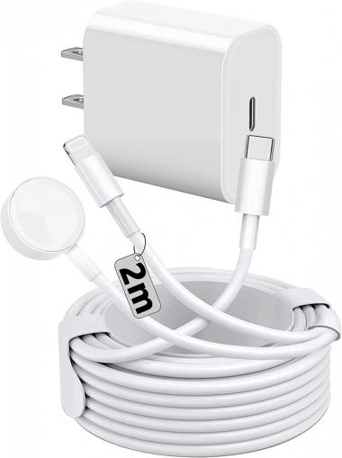 Apple Fast Charger, Watch Charger & iPhone Lightning Chargers MFi Certified 2-in-1 2m Cable with 20W Usb-C PD Block Compatible Apple iWatch 8/7/SE/6/5/4/3/2/1 & iPhone 14/13/12/11 Pro Max/8 Plus,White