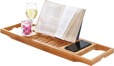 DOZYANT Bamboo Bathtub Tray Caddy Wooden Bath Tray Table with Extending Sides, Reading Rack, Tablet Holder, Cellphone Tray and Wine Glass Holder