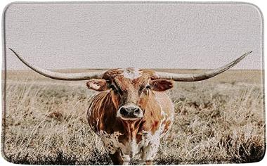 Longhorns Cow Bath Mat Longhorn Texas Steer Western Farm Animal Cute Bull Grassland Rustic Farmhouse Country Bathroom Mat Rug Memory Foam Carpet Doormat(18x30 Inch)