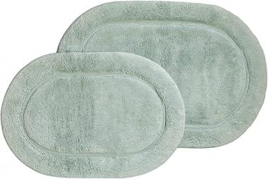 SUPERIOR Non-Slip Cotton Oval Bath Rug Set with Spray Latex Backing, 20" x 30", 24" x 36", Sage, 2-Pieces