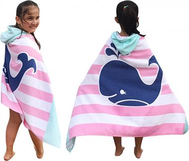 Kids Hooded Bath Beach Towel, BANGSAUR 100% Cotton 50"x30" Wrap, Toddlers Girls Boys 3-12 Years Coverup(Striped Whale)