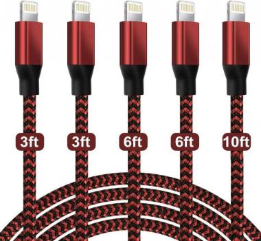 [Apple MFi Certified] 5Pack 3/3/6/6/10 FT iPhone Charger Nylon Braided Fast Charging Lightning Cable Compatible iPhone 13 mini/13/12/11 Pro MAX/XR/XS/8/7/Plus/6S/SE/iPad-Black&Red