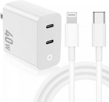 iPhone Fast Charger Block and Cable,40W USB C Wall Charging Plug with 6ft Lightning Cord,Type C Power Adapter Brick Cube for Apple iPhone 14 Pro Max/13 Pro/12 Mini/11/iPad/XR/XS Max/8/7 Plus-White