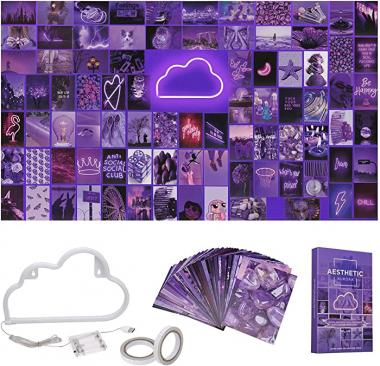 AESTHETIC AURORA 85 PCS 4x6" Photo Wall Collage Kit, Aesthetic Posters & Cloud LED Lights For Bedroom, Picture Collage Kit For Wall Aesthetic Indie Room Decor & Neon signs, Double Sided Tape Included