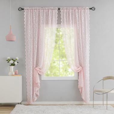 Pink Boho Curtains 96 Inches Long Vintage Lace Curtains for Living Room Dormitory Nursery Room Voile Drapes Semi Sheer Teen Girl Curtains Modern Farmhouse Decor 2 Panels 52" W x 96" L,Pale Pink