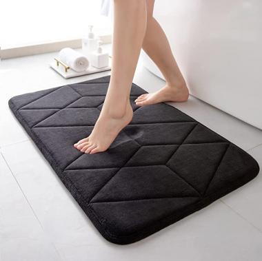 Memory Foam Bath Mat Black Bathroom Rug Non Slip Bathroom Rugs Super Absorbent Floor Mats Soft Coral Velvet Bathmats Washable Carpet Quick Dry Thick Foam Mats for Shower Tub 16"x24"