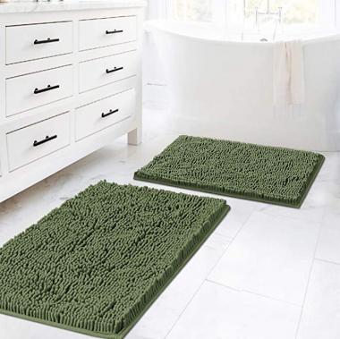 H.VERSAILTEX Non Slip Thick Shaggy Chenille Bathroom Rugs, Bath Mats for Bathroom Extra Soft and Absorbent - Bath Rugs Set for Indoor/Kitchen (Set of 2-20" x 32"/17" x 24") Loden