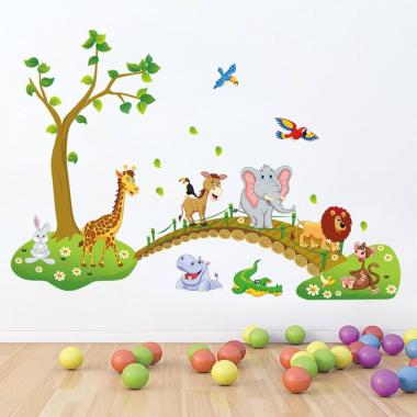 decalmile Jungle Animals Tree Wall Stickers Lion Giraffe Elephant Walking on Bridge Wall Decals Kids Room Baby Room Nursery Bedroom Wall Decor(Finished Size: 48.8 Inch x 31 Inch)