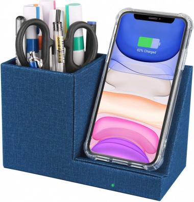 10W Fast Wireless Charger with Desk Organizer,Pen Pencil Holder,Wireless Charging Station for iPhone 11/Xs MAX/XR/XS/X/8/8, Samsung S10/S9/S9+/S8/S8+/Note 10,Blue Desk Storage Caddy（No AC Adapter）