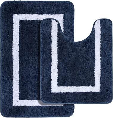 Kitinjoy Bathroom Rugs Set 2 Pieces Soft Microfiber Bath Mat and U-Shaped Toilet Rug, Machine Wash Dry, Non Slip Absorbent Shaggy Bath Rug for Tub, Shower, and Bath Room (20" x 24"+20" x 32", Navy)