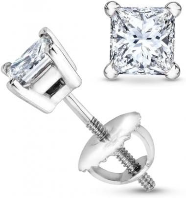 1/2-2 Carat Total Weight Princess Diamond Stud Earrings 4 Prong Screw Back (I-J Color I1-I2 Clarity)