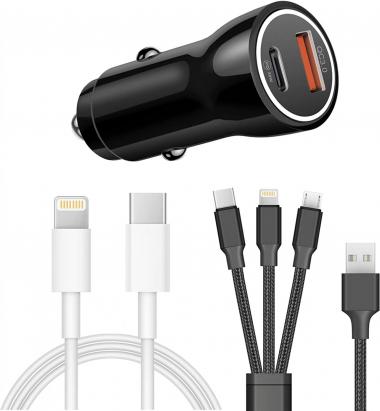 iPhone Car Charger 36W with Lightning Cable [Apple MFi Certified] USB A Type C Car Charger Adapter Dual Port QC3.0 USB C Car Charger with 3 in 1 Cable for iPhone 14 13 12,Samsung Galaxy S22 S21,LG,GPS