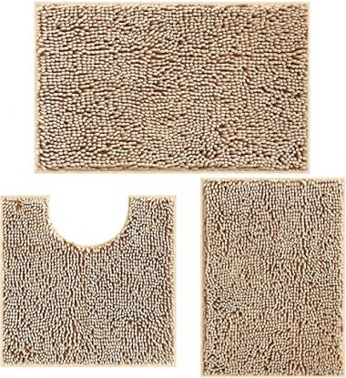 Bathroom Rugs Sets 3 Piece Luxury Chenille Bath Mats Anti-Slip Bath Rugs with Soft Plush PVC Backing Water Absorbent Carpet 1'' Quick Dry Microfiber Toilet Mat, Beige