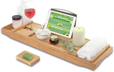 Bamboo Natural Bathtub Tray, Bathtub Caddy with Soap Box, Luxury Natural Wooden Bathtub Tray, Bath Tray for Tub, Bath Tub Table Caddy, Bathroom Caddy with Tablet Holder , Bamboo Bath Tray Shelf