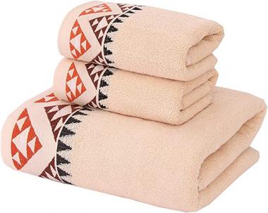 Pidada Bath Hand Towel Set of 3 Indian Geometric Pattern 100% Cotton Soft Absorbent Towels for Bathroom 1 Bath Towel 27.6 x 55 Inch 2 Hand Towel 13 x 29.5 Inch (Brown)