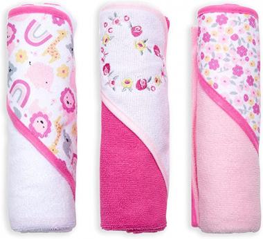 Buttons & Stitches Girl's 3-Pack Pink Safari Floral Hooded Baby Towels, 26x30 Inches