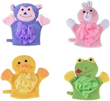 Yunshangfei 4pcs Set Cartoon Bath Glove Cute Bath Sponge Hand Puppet Bath Wash Mitt Towel with Animal Design Rabbit/Frog/Duck/Monkey